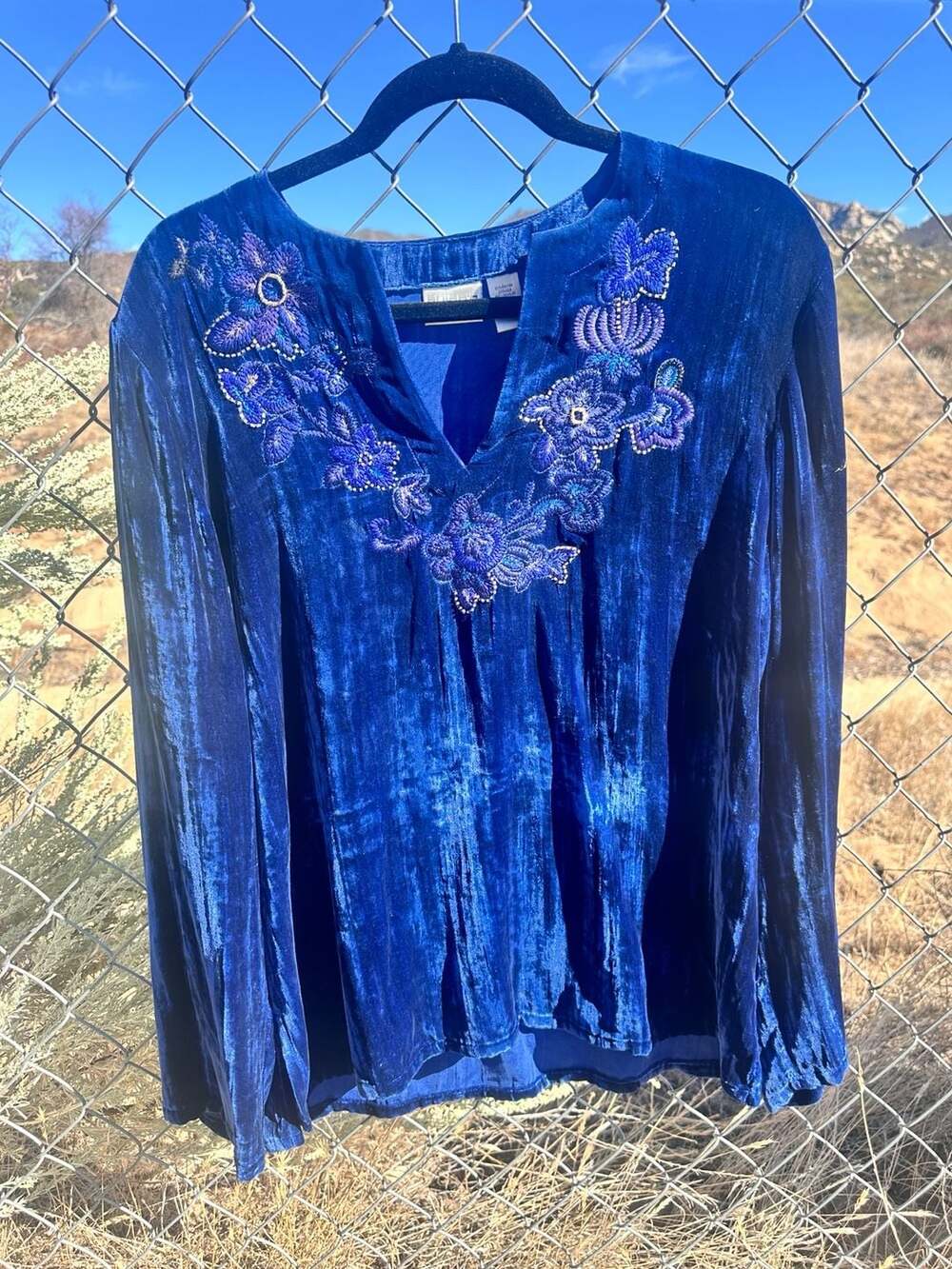 Chico'S Velvet Embroidered Tunic Size 2 Royal Blue Rayon Silk